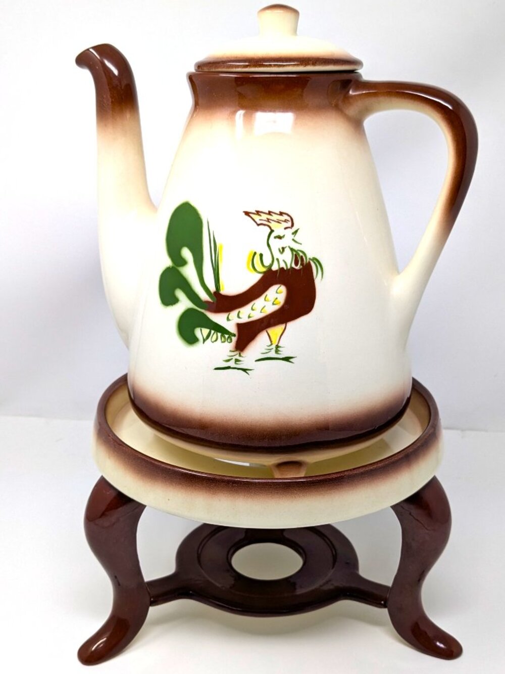 VTG Brock of California Chanticleer Rooster Coffee Pot w Chaffing Stand 9.5"